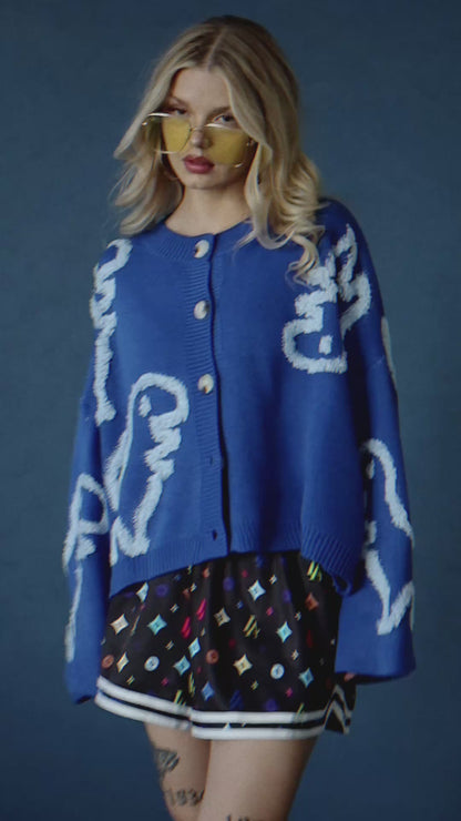 Rawr Means I Love You Boxy Button Up Cardigan in Blue