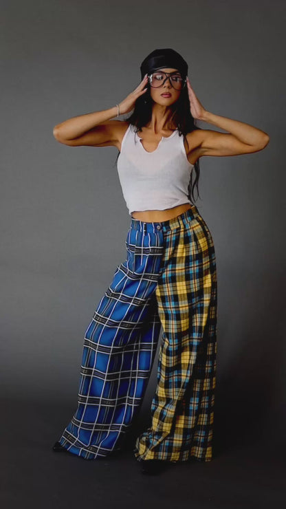 Confuse Them Half + Half Trousers in Yellow + Blue