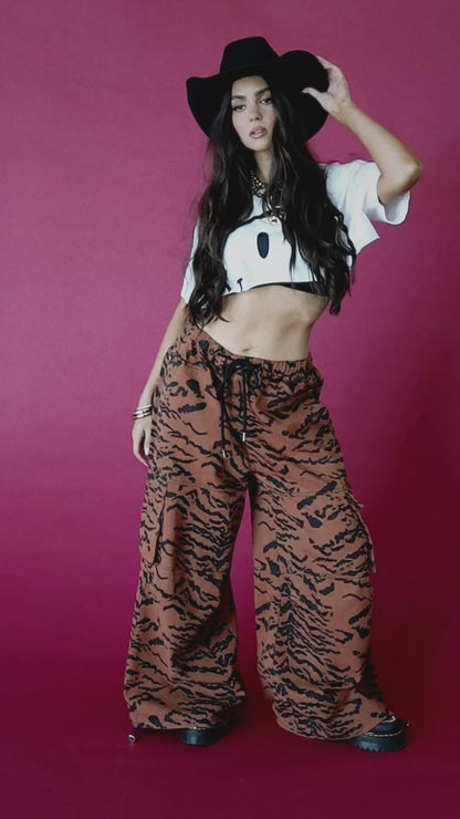 You Don't Own Me Ultra Wide Leg Cargo Pants in Tiger Stripes