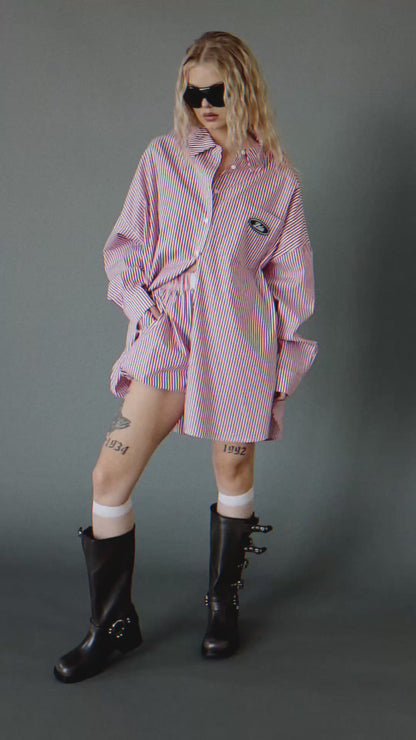 Soul Searching Ultra Oversized Patched Button Up in Red Menswear Stripe