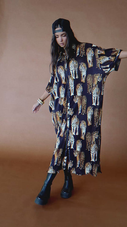So Far So Good Oversized Plissé Dress in Black Tiger Tales
