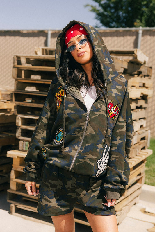 Rebel Heart Camo Patched Zip Up Hoodie - Dressed in Lala