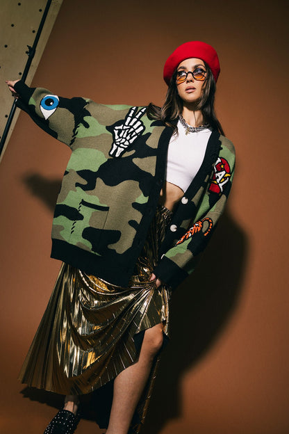 Rebel Heart Patched Oversized Camo Cardigan - Dressed in Lala