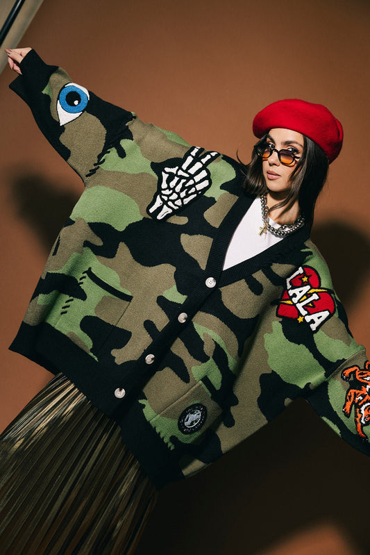 Rebel Heart Patched Oversized Camo Cardigan - Dressed in Lala