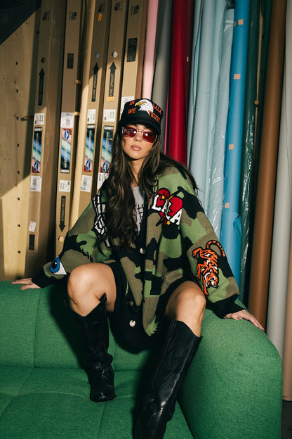 Rebel Heart Patched Oversized Camo Cardigan - Dressed in Lala