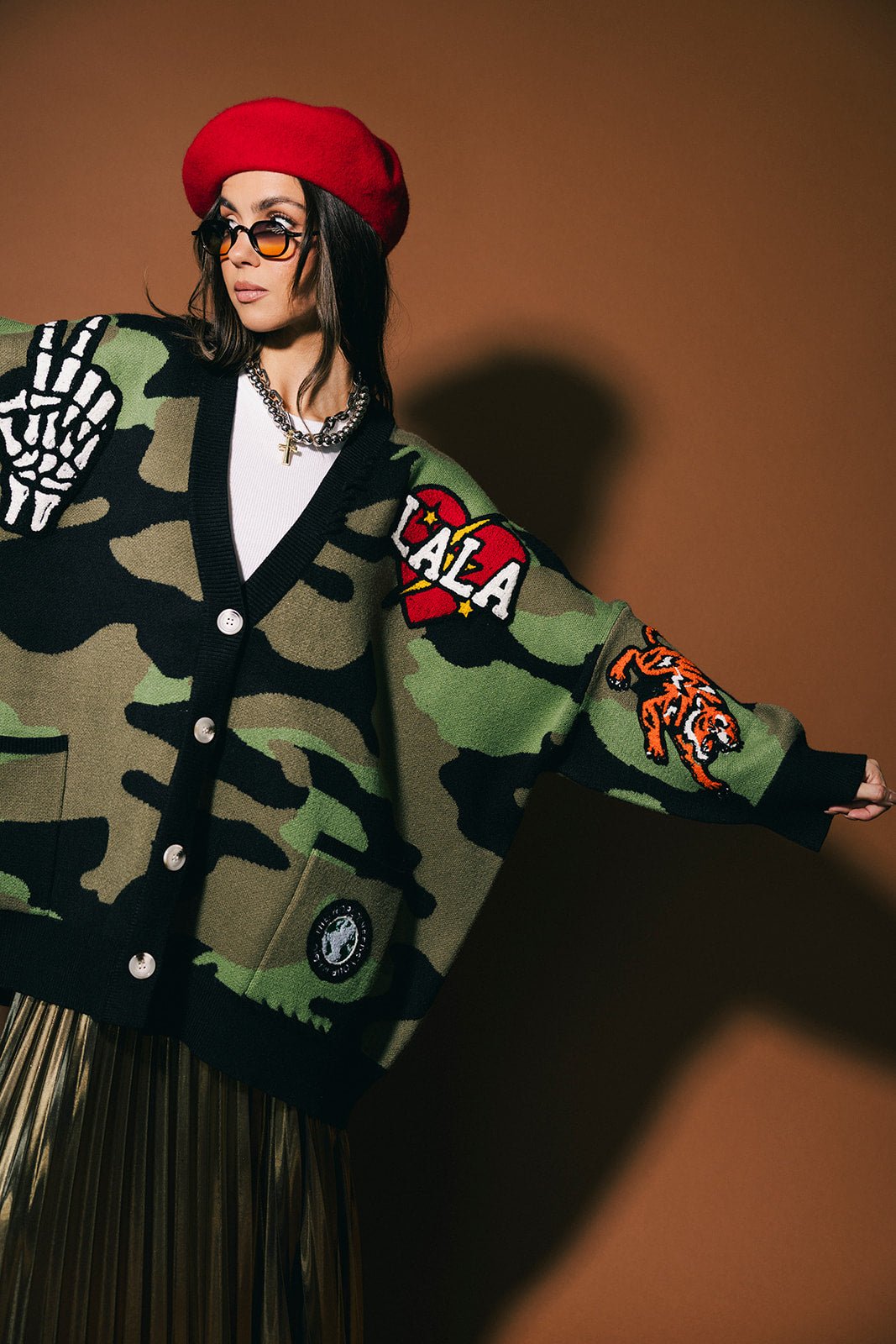 Rebel Heart Patched Oversized Camo Cardigan - Dressed in Lala