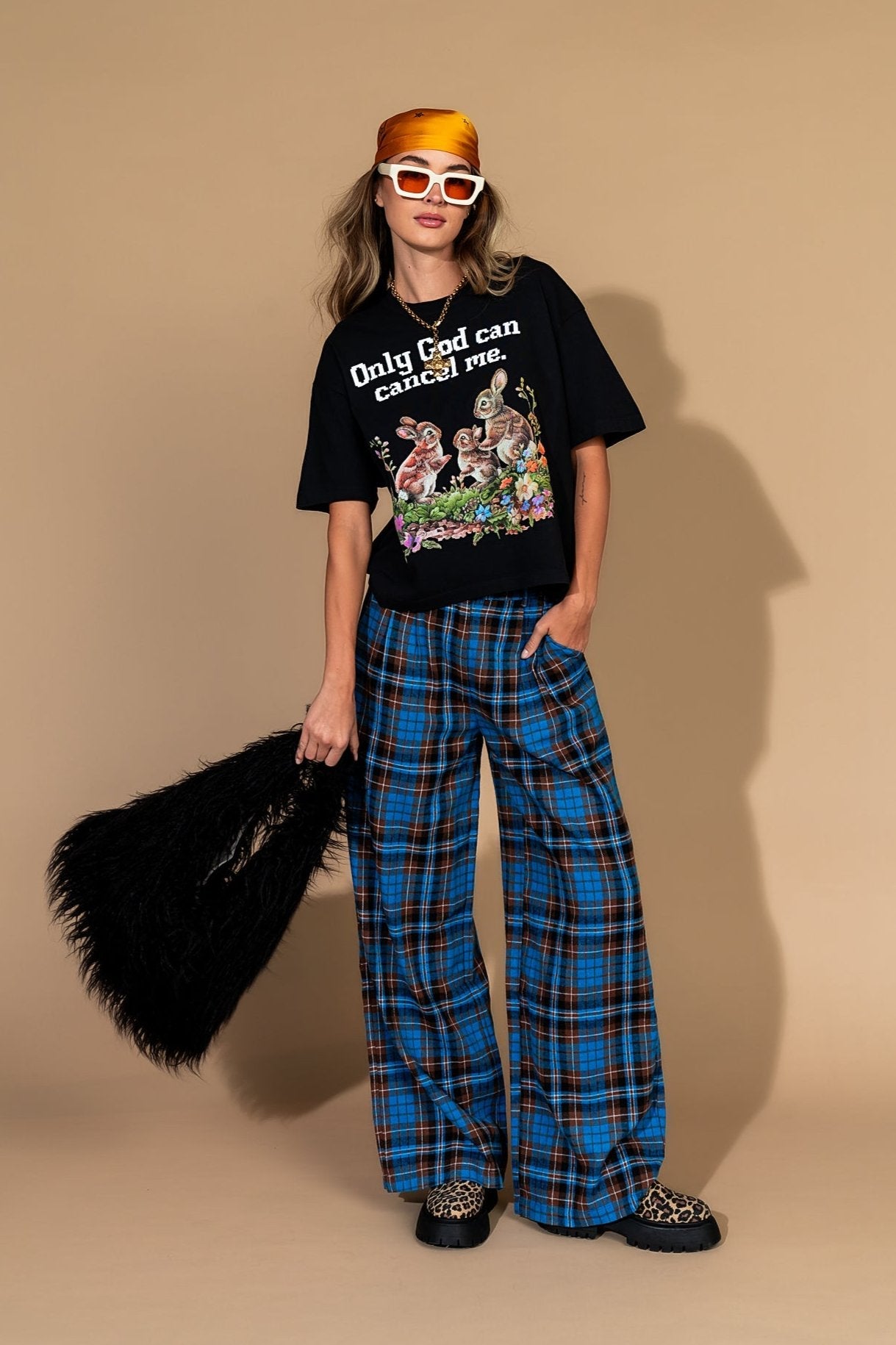 Rebel Road Plaid Wide Leg Trousers in Blue + Brown - Dressed in Lala