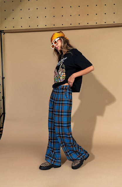 Rebel Road Plaid Wide Leg Trousers in Blue + Brown - Dressed in Lala