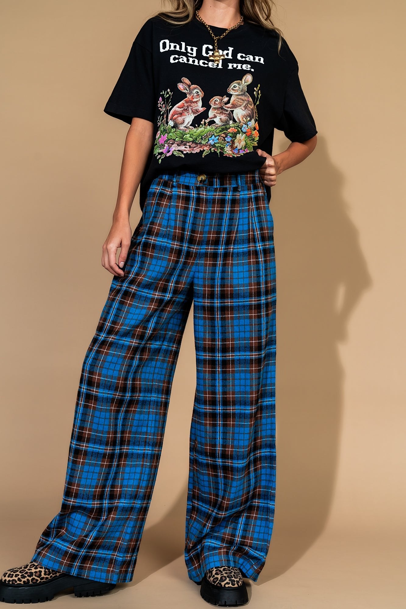 Rebel Road Plaid Wide Leg Trousers in Blue + Brown - Dressed in Lala