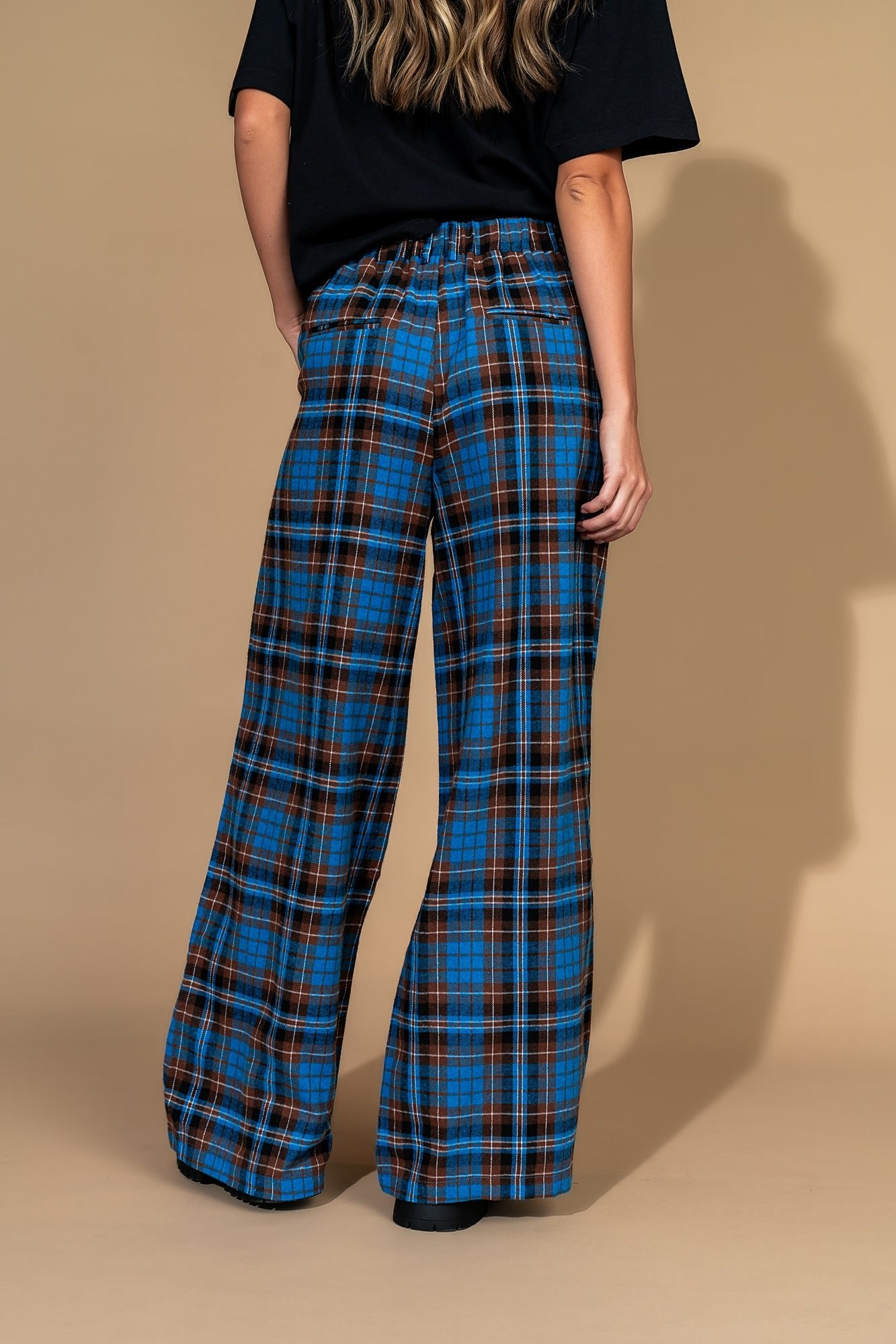 Rebel Road Plaid Wide Leg Trousers in Blue + Brown - Dressed in Lala