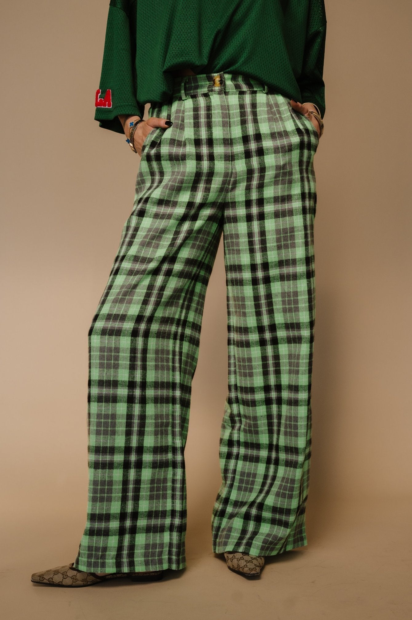 Rebel Road Plaid Wide Leg Trousers in Lime - Dressed in Lala