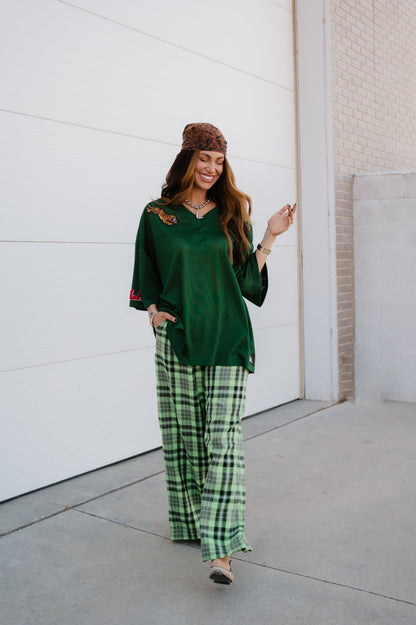 Rebel Road Plaid Wide Leg Trousers in Lime - Dressed in Lala