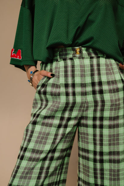 Rebel Road Plaid Wide Leg Trousers in Lime - Dressed in Lala