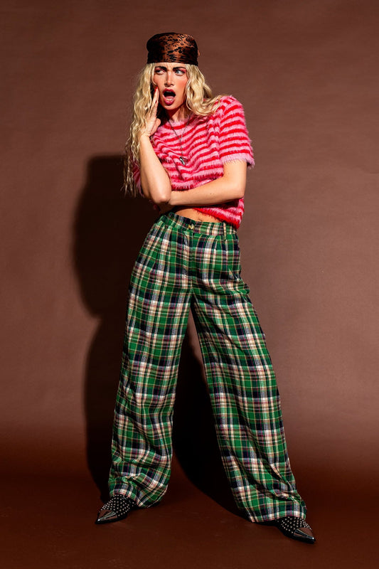 Rebel Road Plaid Wide Leg Trousers in Rose Garden - Dressed in Lala