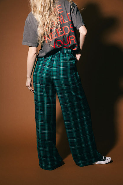 Rebel Road Plaid Wide Leg Trousers in Teal Green - Dressed in Lala