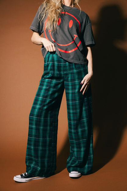 Rebel Road Plaid Wide Leg Trousers in Teal Green - Dressed in Lala