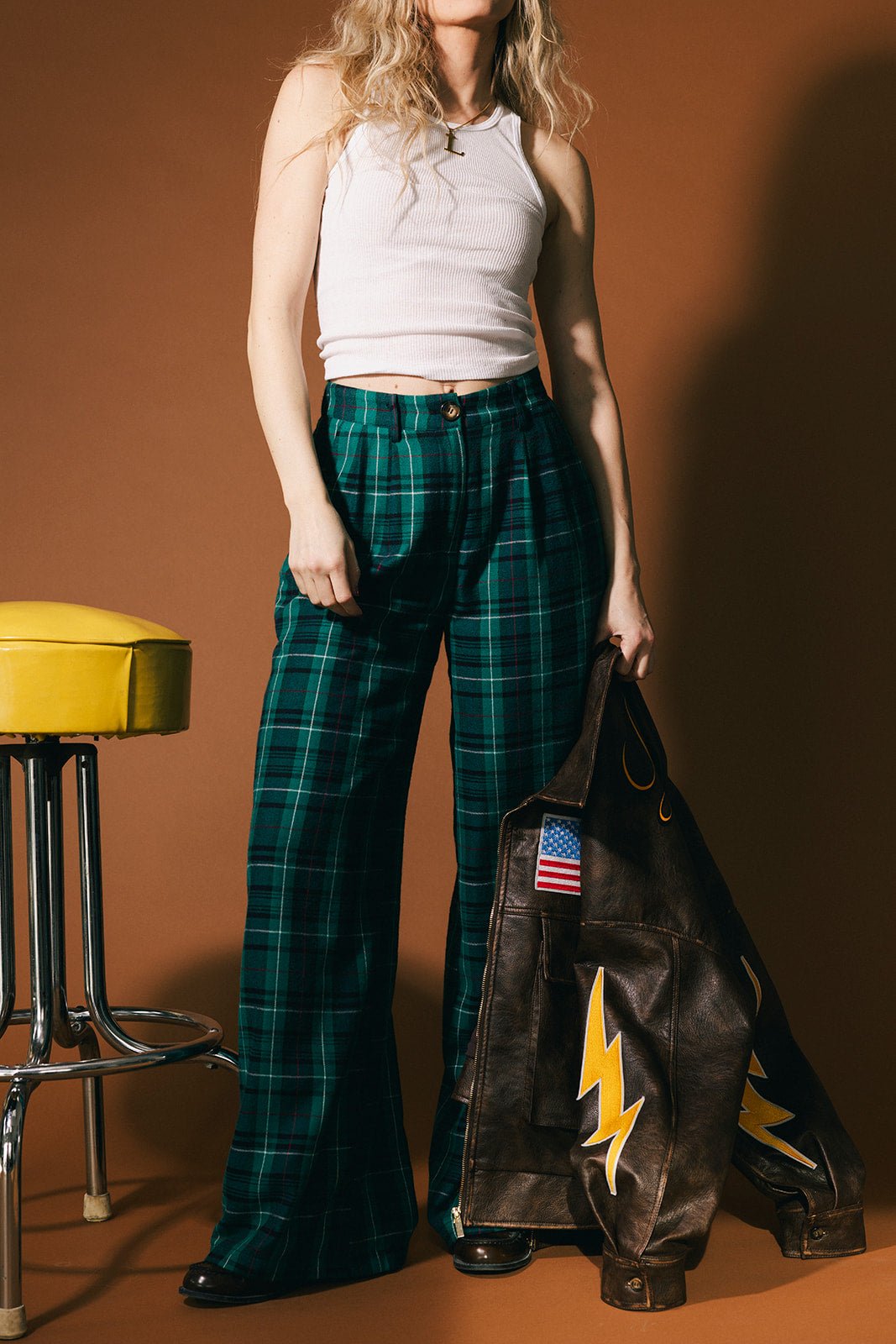 Rebel Road Plaid Wide Leg Trousers in Teal Green - Dressed in Lala