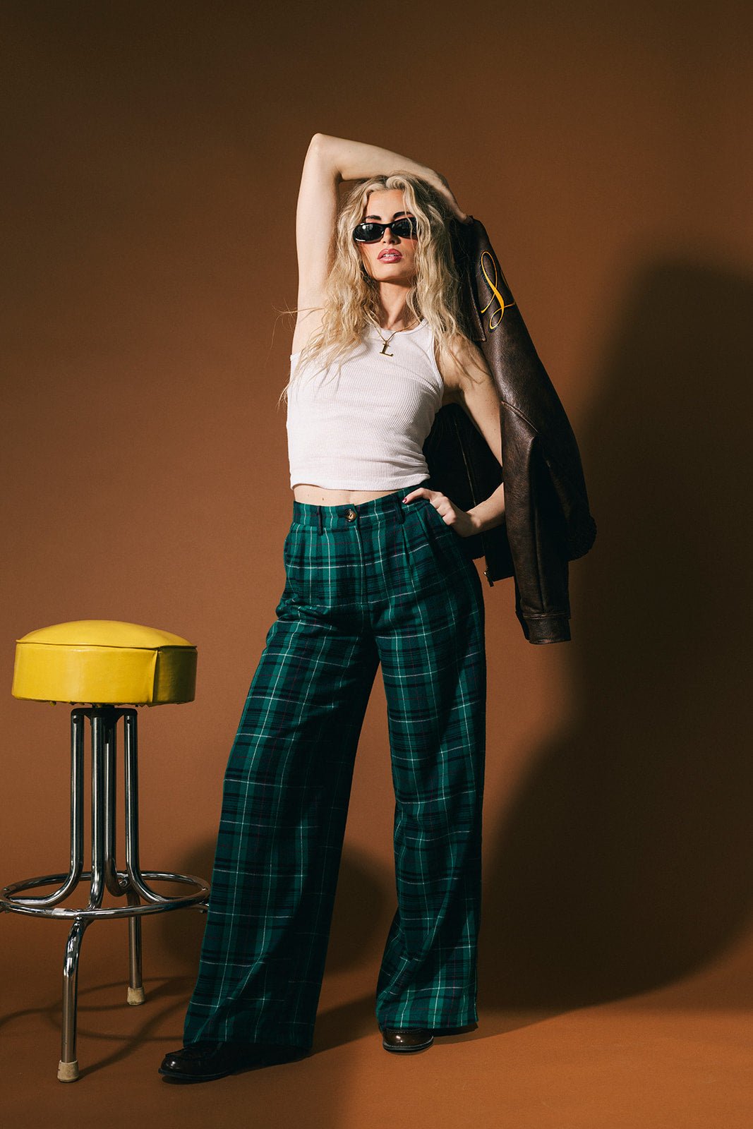 Rebel Road Plaid Wide Leg Trousers in Teal Green - Dressed in Lala