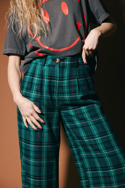 Rebel Road Plaid Wide Leg Trousers in Teal Green - Dressed in Lala