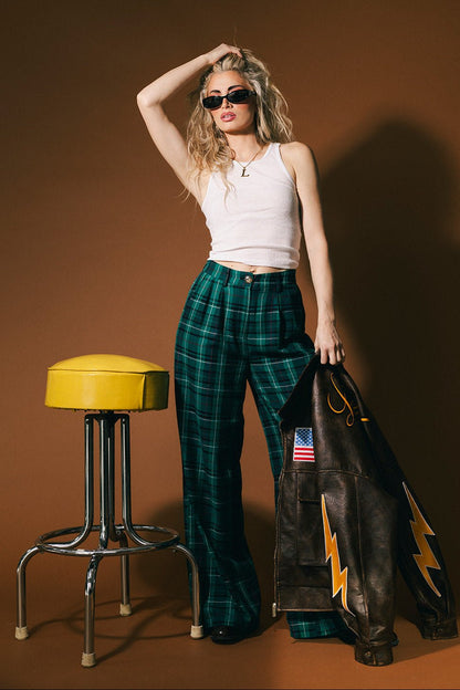 Rebel Road Plaid Wide Leg Trousers in Teal Green - Dressed in Lala
