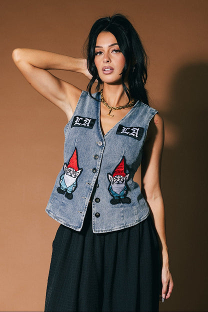 Rolling With The Gnomies Denim Waistcoat Vest - Dressed in Lala