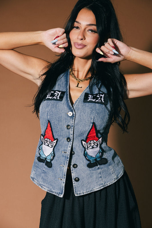 Rolling With The Gnomies Denim Waistcoat Vest - Dressed in Lala