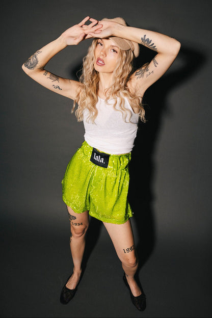 See You in Space Sequin Boxer Shorts in Green - Dressed in Lala