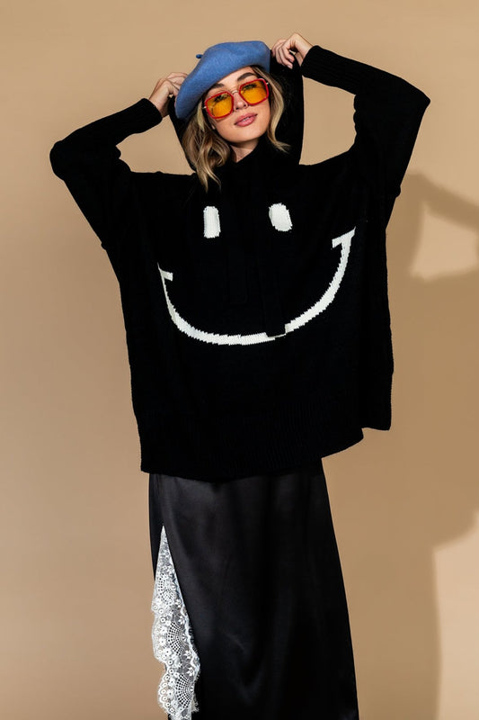 Serotonin Smile Oversized Knit Hoodie in Black - Dressed in Lala