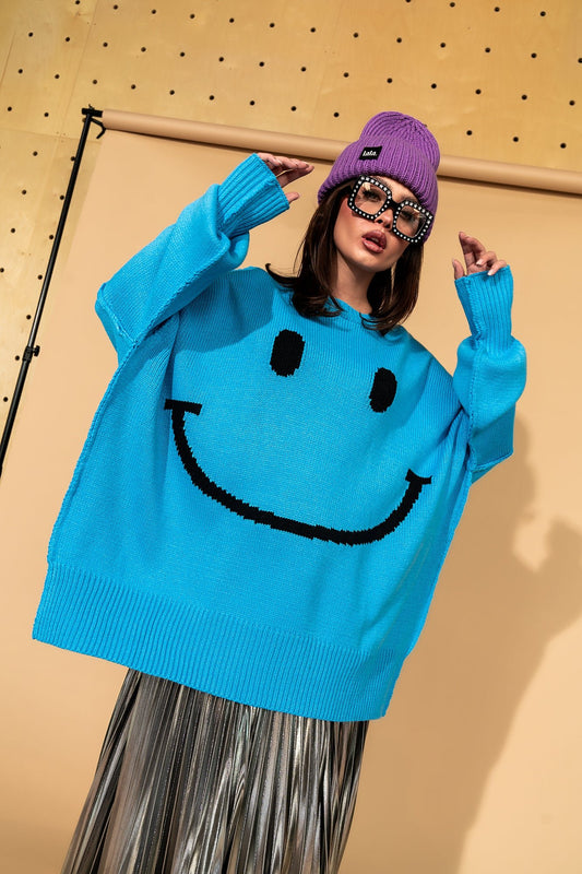 Serotonin Smile Oversized Knit in Blue - Dressed in Lala