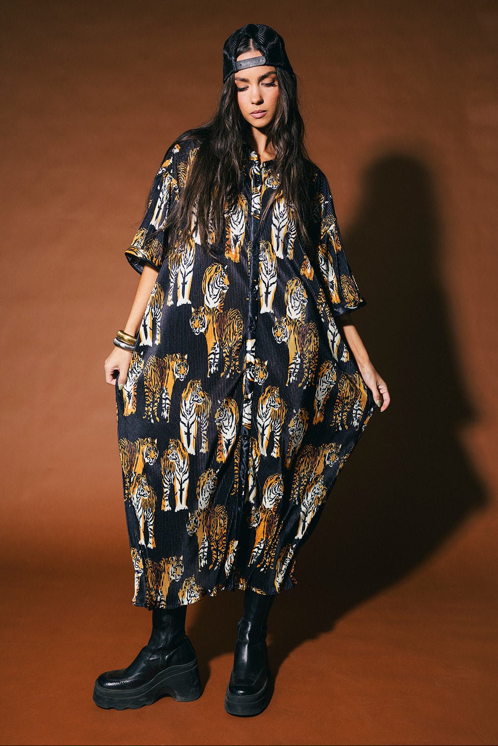 So Far So Good Oversized Plissé Dress in Black Tiger Tales - Dressed in Lala