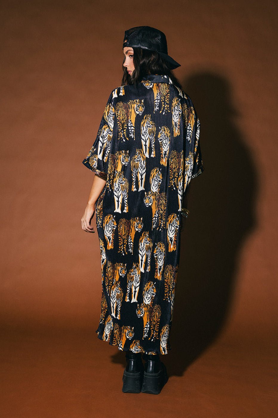 So Far So Good Oversized Plissé Dress in Black Tiger Tales - Dressed in Lala