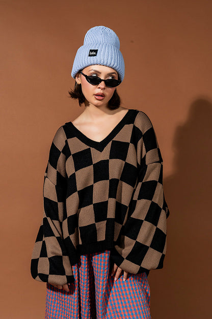 So Money Oversized Checkerboard Knit in Black + Mocha - Dressed in Lala