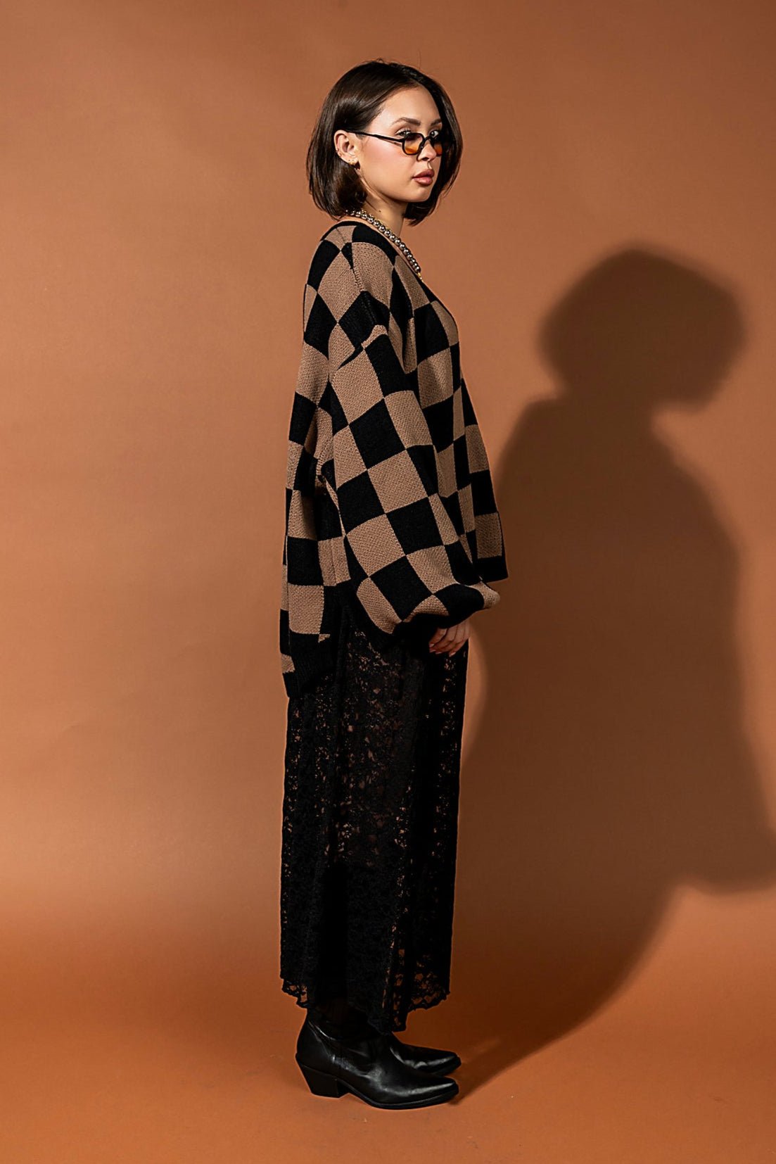 So Money Oversized Checkerboard Knit in Black + Mocha - Dressed in Lala