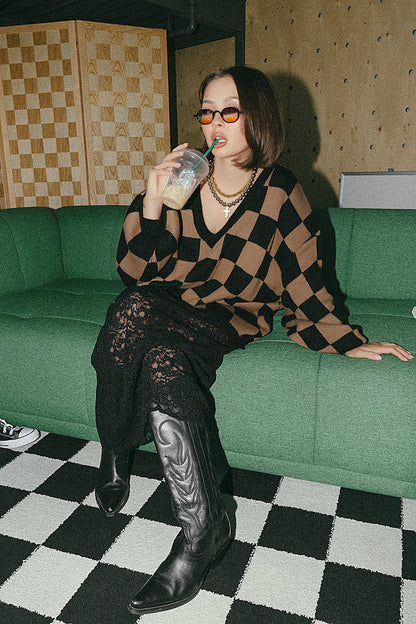 So Money Oversized Checkerboard Knit in Black + Mocha - Dressed in Lala