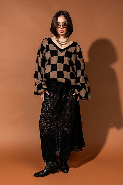 So Money Oversized Checkerboard Knit in Black + Mocha - Dressed in Lala