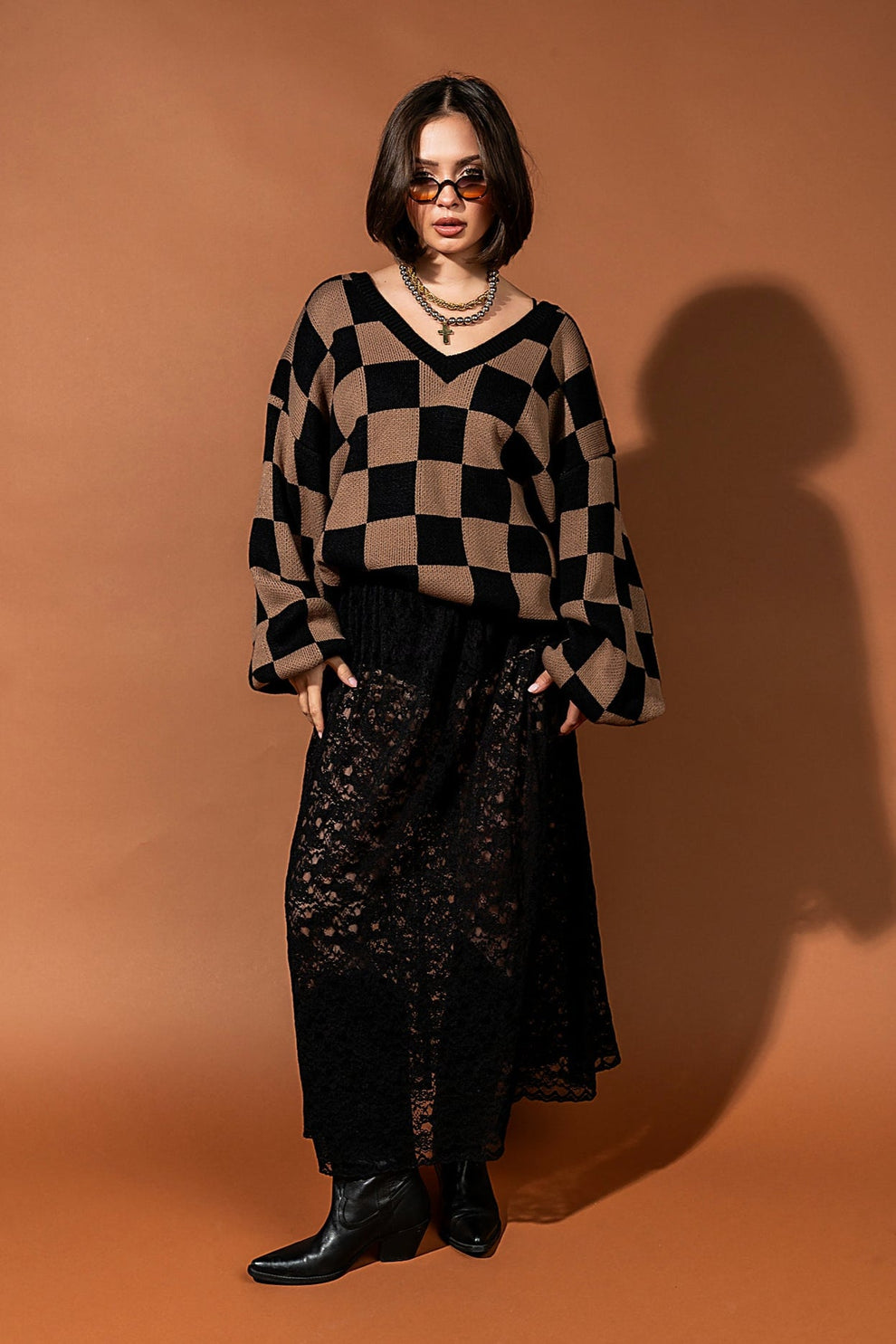 So Money Oversized Checkerboard Knit in Black + Mocha – Dressed in Lala