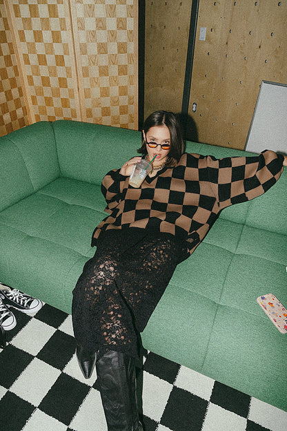 So Money Oversized Checkerboard Knit in Black + Mocha - Dressed in Lala