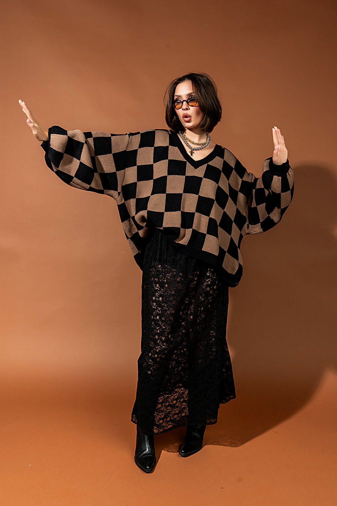 So Money Oversized Checkerboard Knit in Black + Mocha - Dressed in Lala