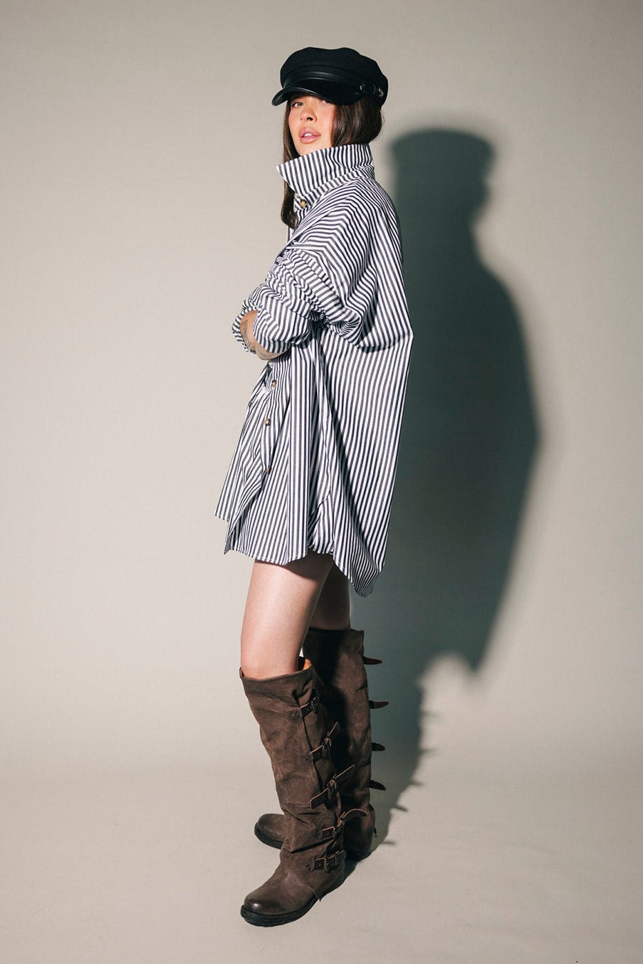 Soul Searching Ultra Oversized Button Up in Black Menswear Stripe - Dressed in Lala