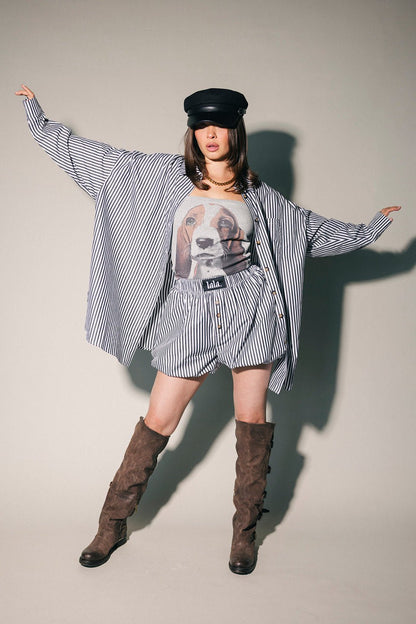 Soul Searching Ultra Oversized Button Up in Black Menswear Stripe - Dressed in Lala
