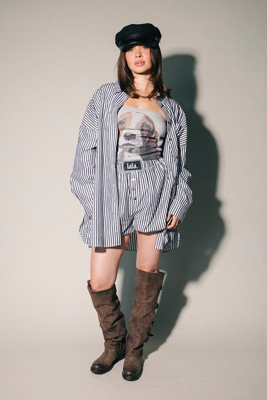Soul Searching Ultra Oversized Button Up in Black Menswear Stripe - Dressed in Lala