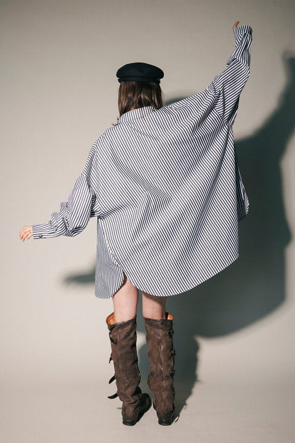 Soul Searching Ultra Oversized Button Up in Black Menswear Stripe - Dressed in Lala