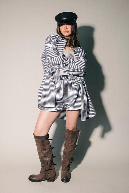 Soul Searching Ultra Oversized Button Up in Black Menswear Stripe - Dressed in Lala