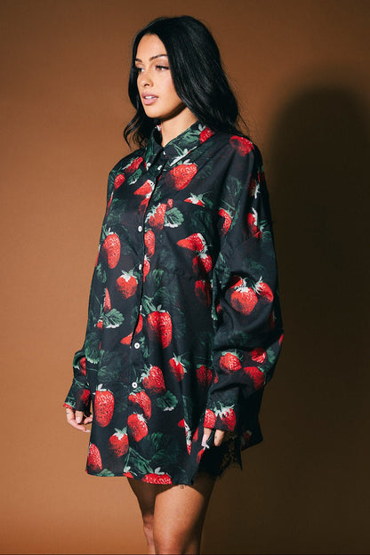 Soul Searching Ultra Oversized Button Up in Strawberries - Dressed in Lala