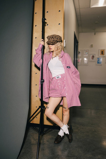 Soul Searching Ultra Oversized Patched Button Up in Red Menswear Stripe - Dressed in Lala