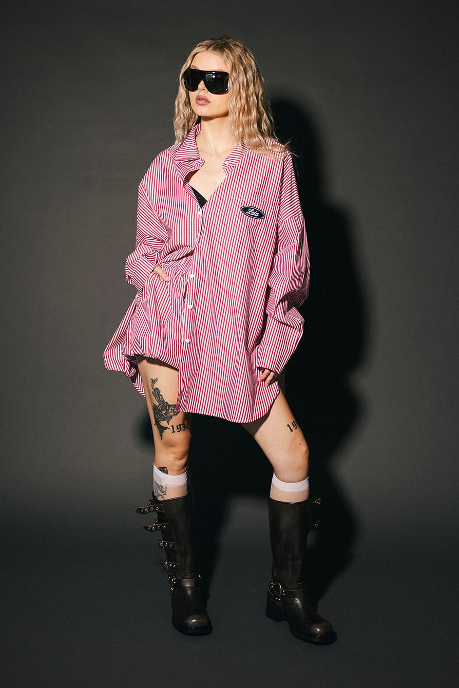 Soul Searching Ultra Oversized Patched Button Up in Red Menswear Stripe - Dressed in Lala