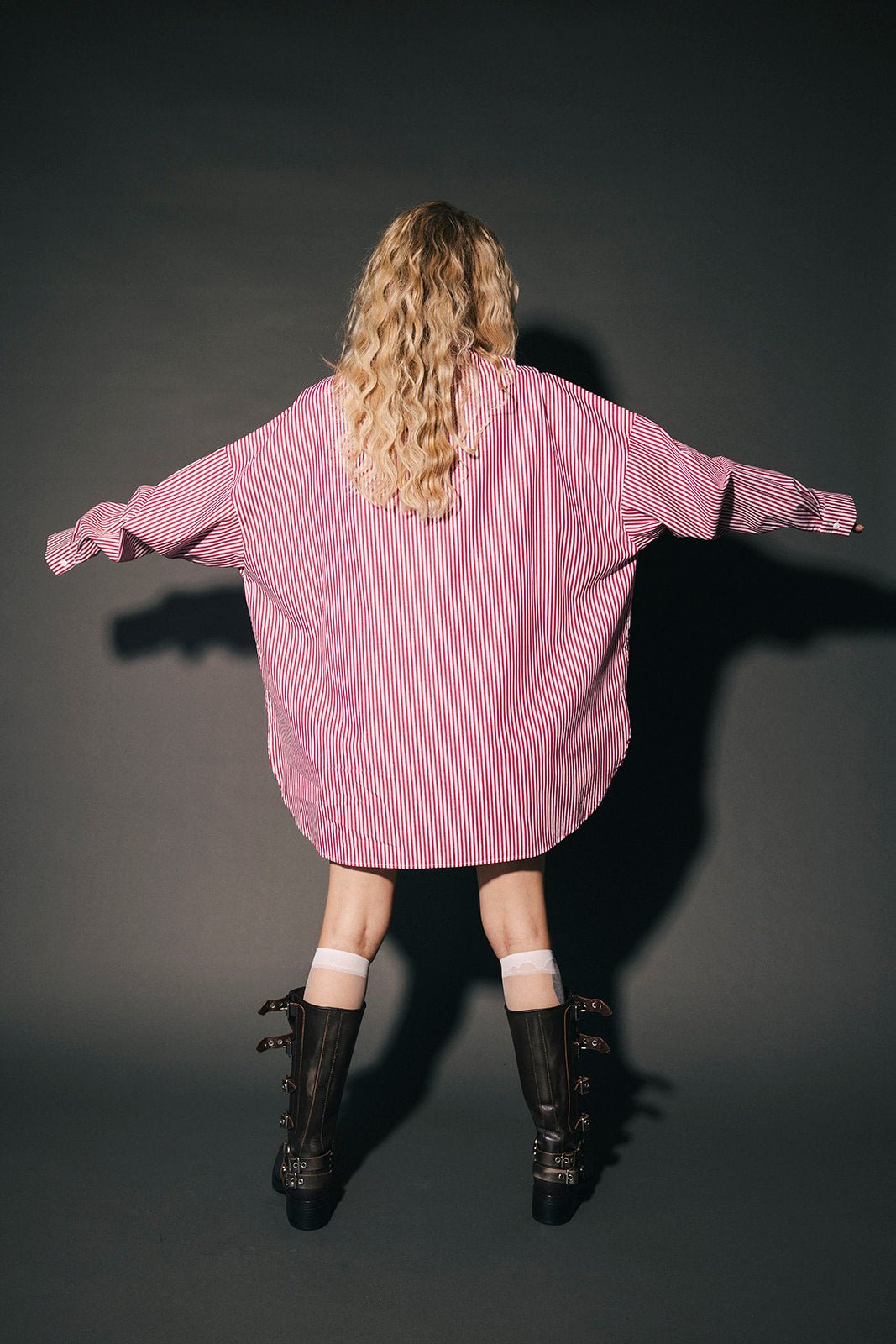 Soul Searching Ultra Oversized Patched Button Up in Red Menswear Stripe - Dressed in Lala