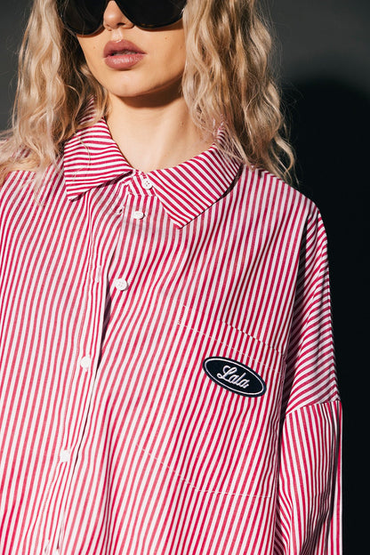 Soul Searching Ultra Oversized Patched Button Up in Red Menswear Stripe - Dressed in Lala