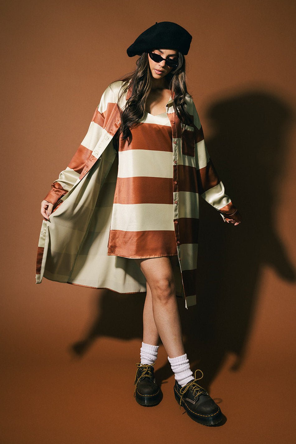 Spilled Latte Striped Satin Dress + Duster Set - Dressed in Lala
