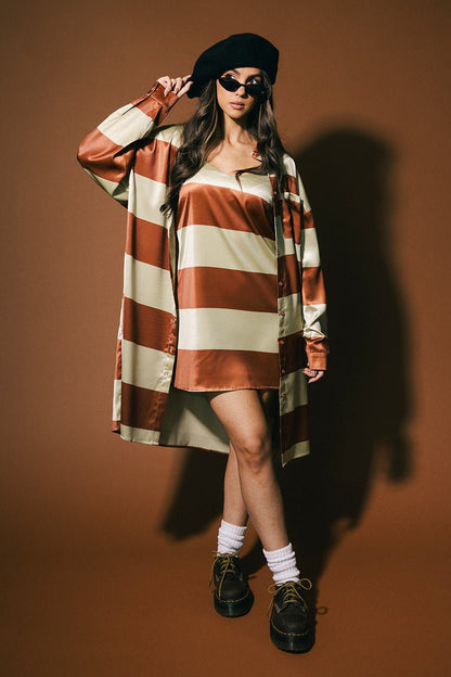 Spilled Latte Striped Satin Dress + Duster Set - Dressed in Lala